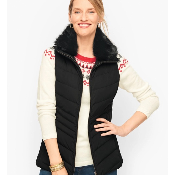 Talbots Jackets & Blazers - TALBOTS BLACK FAUX FUR COLLAR DOWN PUFFER VEST NWT.